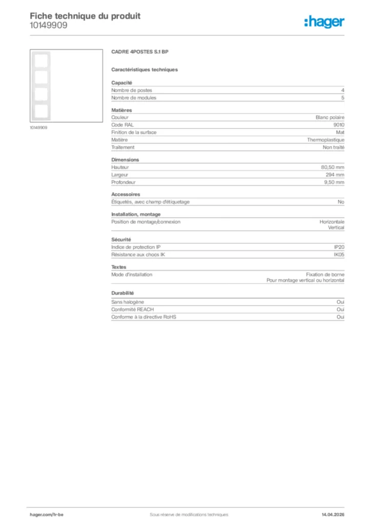Image Hager Fiche technique du produit 10149909 | Hager Belgique