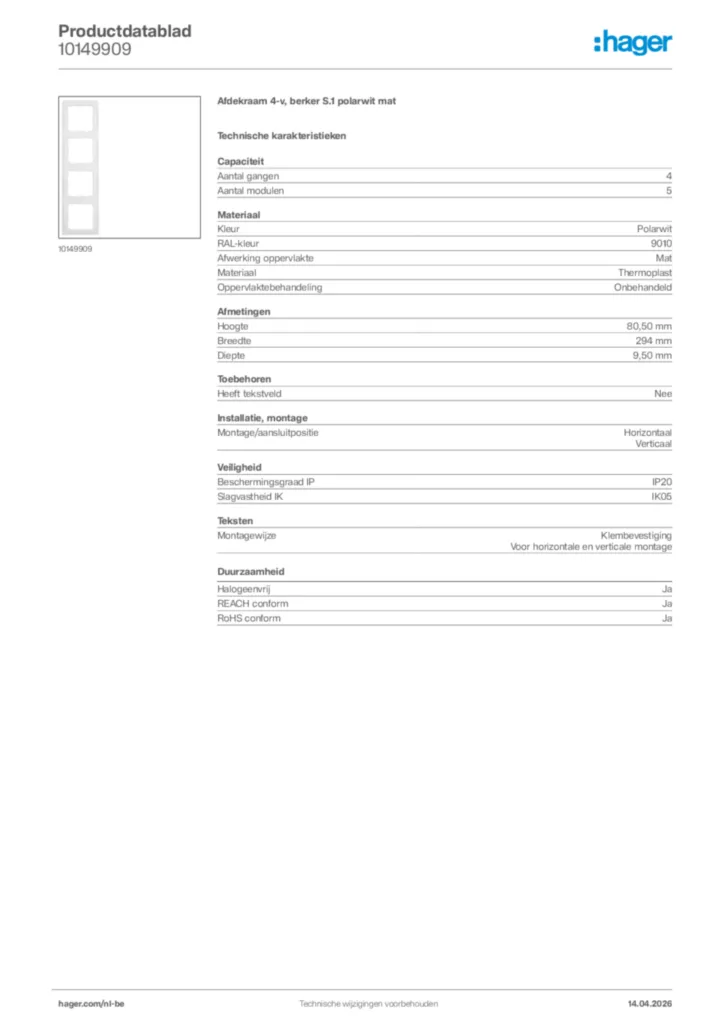 Afbeelding Hager Productdatablad 10149909 | Hager Belgium