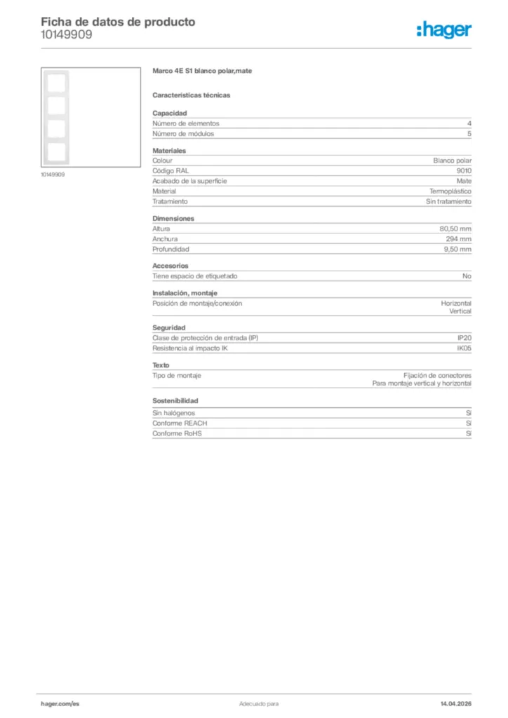 Imagen Hager Ficha de datos de producto 10149909 | Hager España
