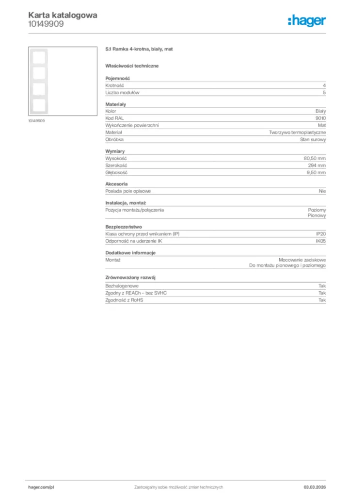 Zdjęcie Hager Karta katalogowa 10149909 | Hager Polska