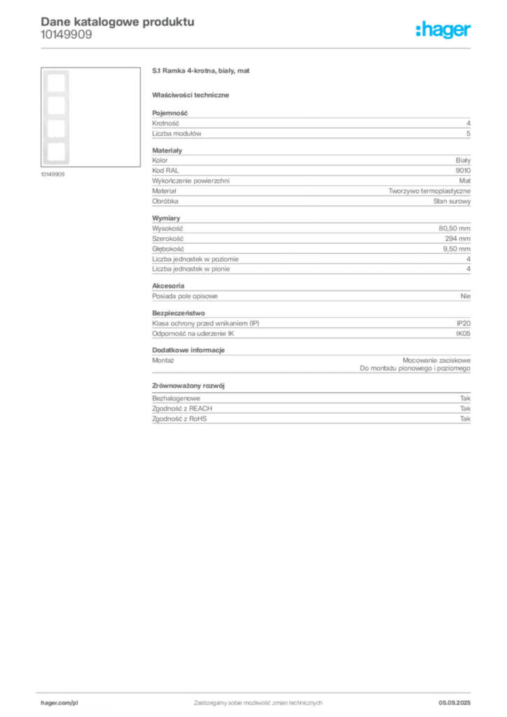Zdjęcie Hager Dane katalogowe produktu 10149909 | Hager Polska
