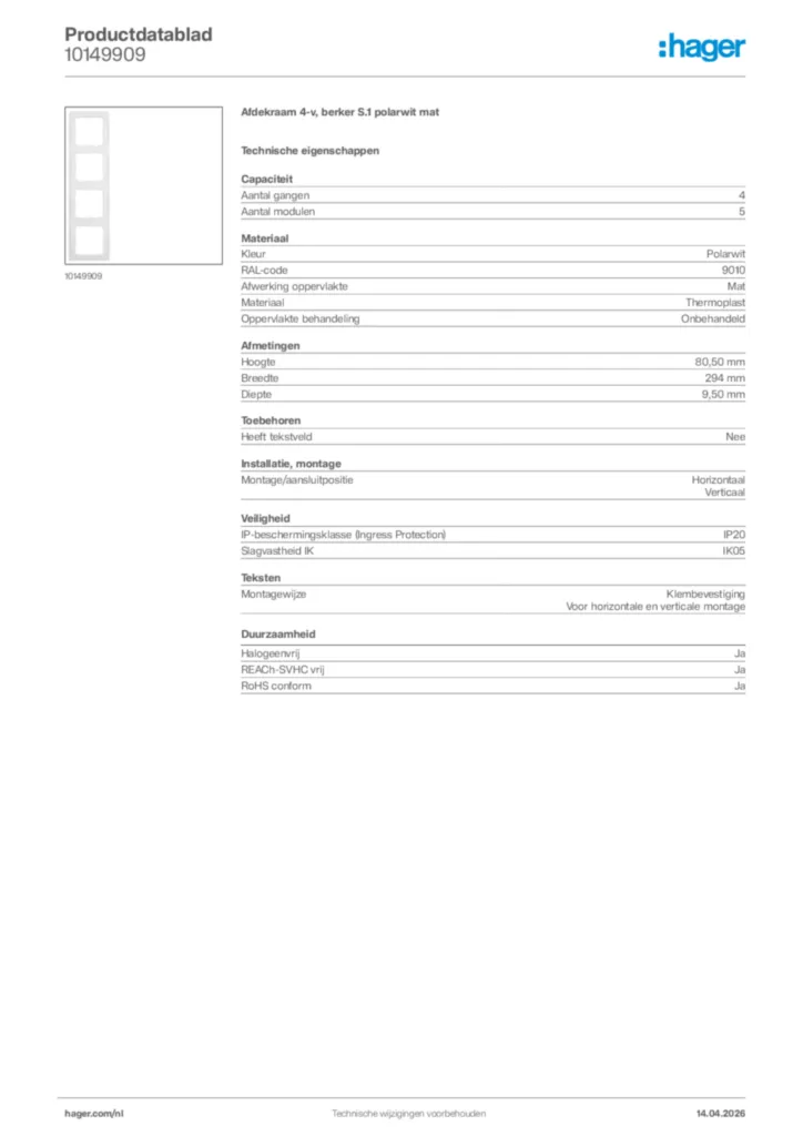 Afbeelding Hager Productdatablad 10149909 | Hager Nederland