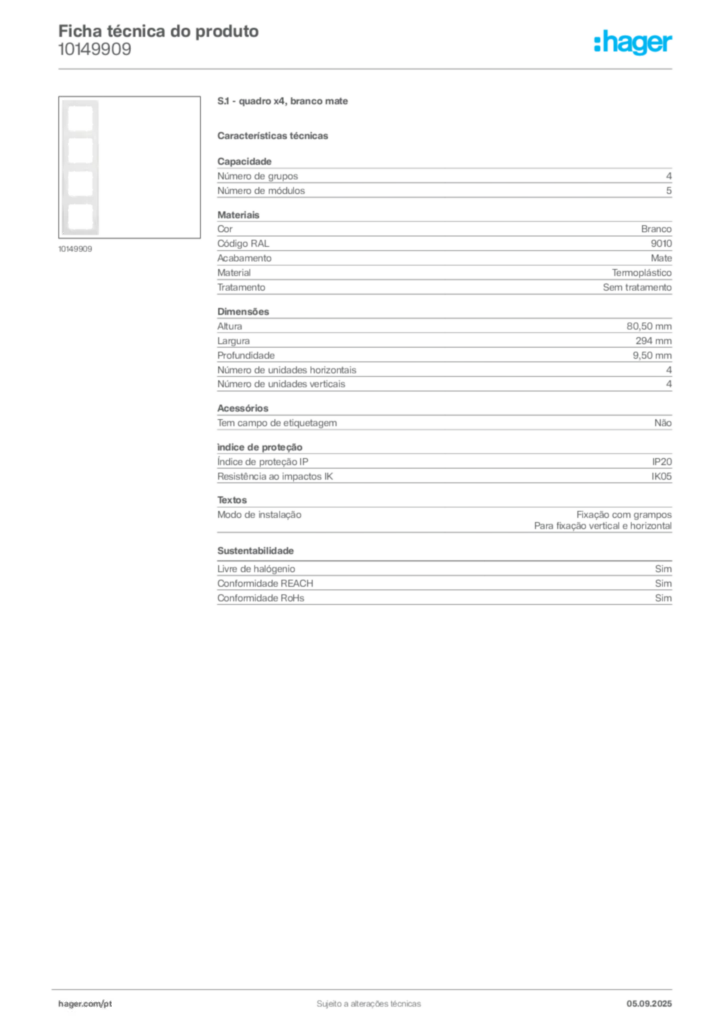 Imagem Hager Ficha técnica do produto 10149909 | Hager Portugal