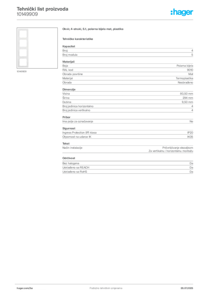 Slika Hager Product data sheet 10149909  | Hager