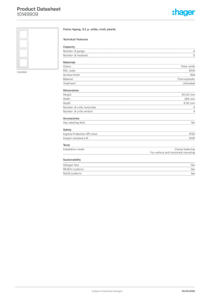 Image Hager Product data sheet 10149909  | Hager