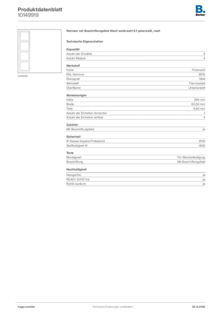 Bild Berker Produktdatenblatt 10149919 | Hager Deutschland