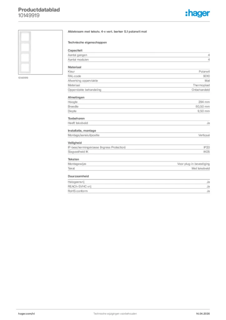 Afbeelding Hager Productdatablad 10149919 | Hager Nederland