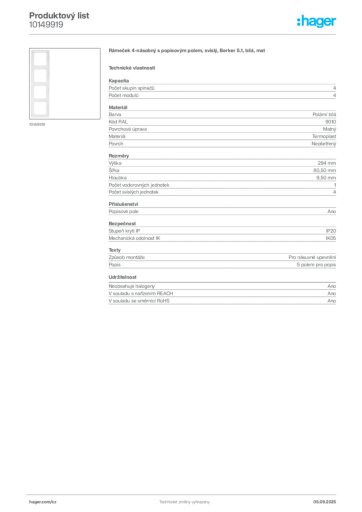 Obrázek Hager Produktový list 10149919 | Hager