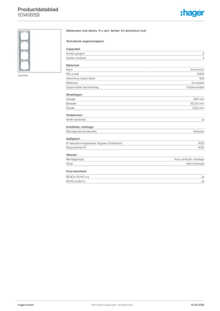 Afbeelding Hager Productdatablad 10149959 | Hager Nederland