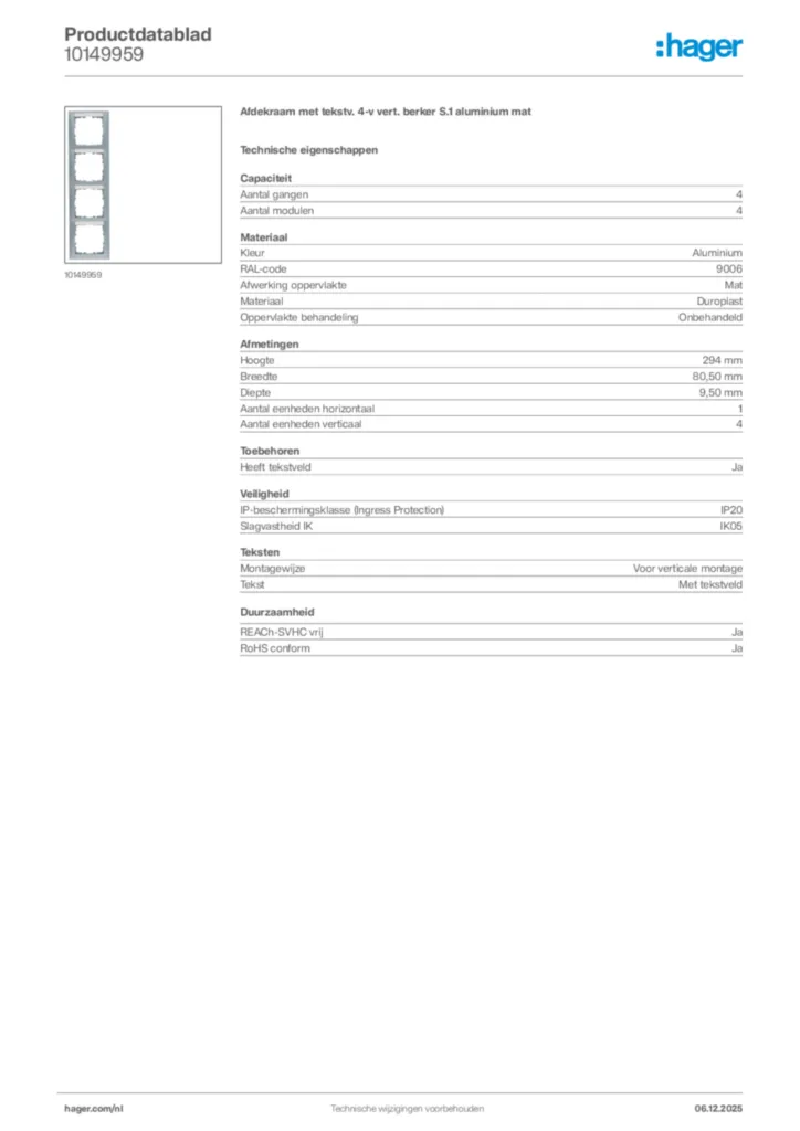 Afbeelding Hager Productdatablad 10149959 | Hager Nederland