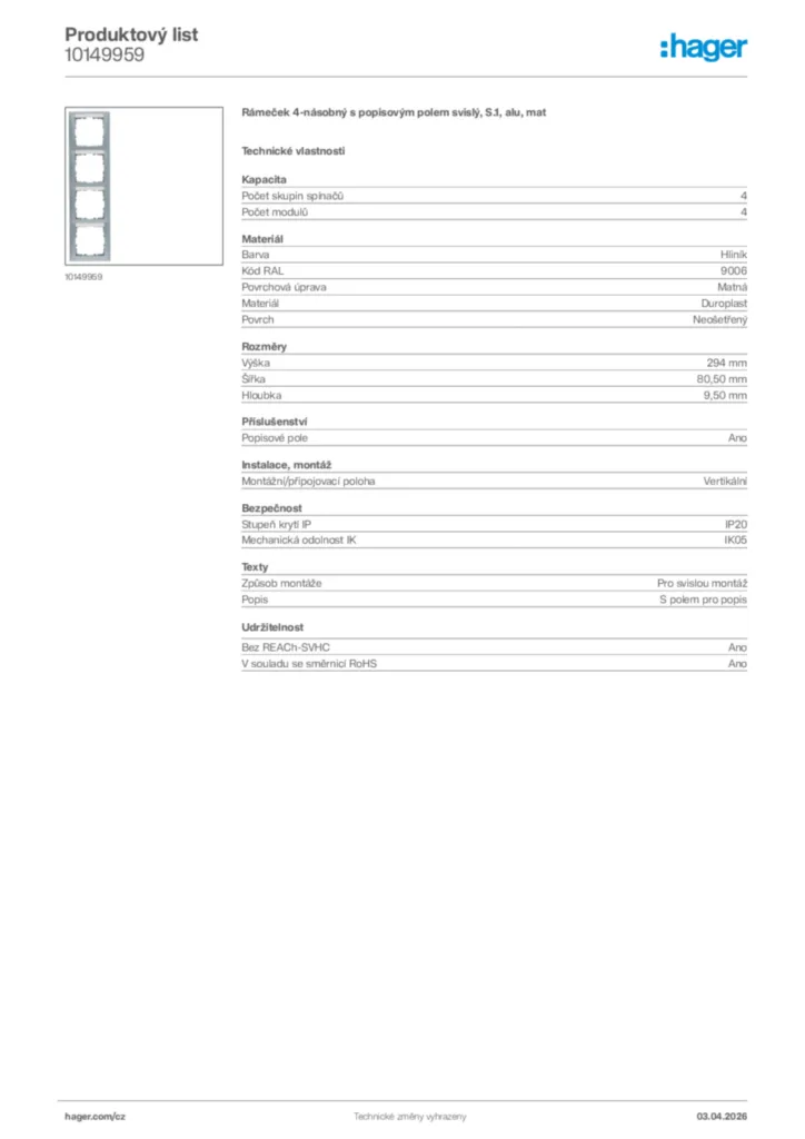 Obrázek Hager Product data sheet 10149959 | Hager