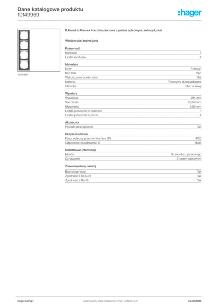 Zdjęcie Hager Dane katalogowe produktu 10149969 | Hager Polska