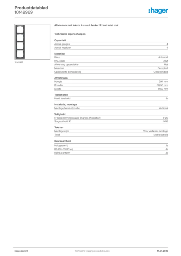 Afbeelding Hager Productdatablad 10149969 | Hager Nederland