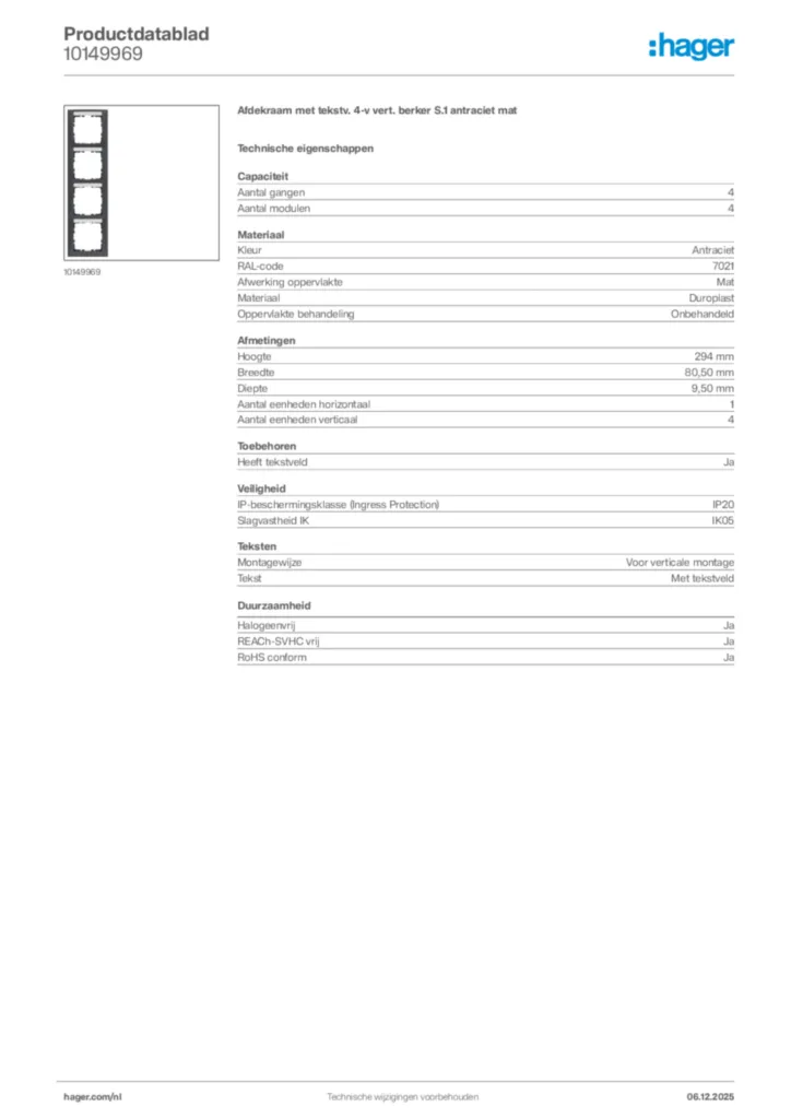 Afbeelding Hager Productdatablad 10149969 | Hager Nederland