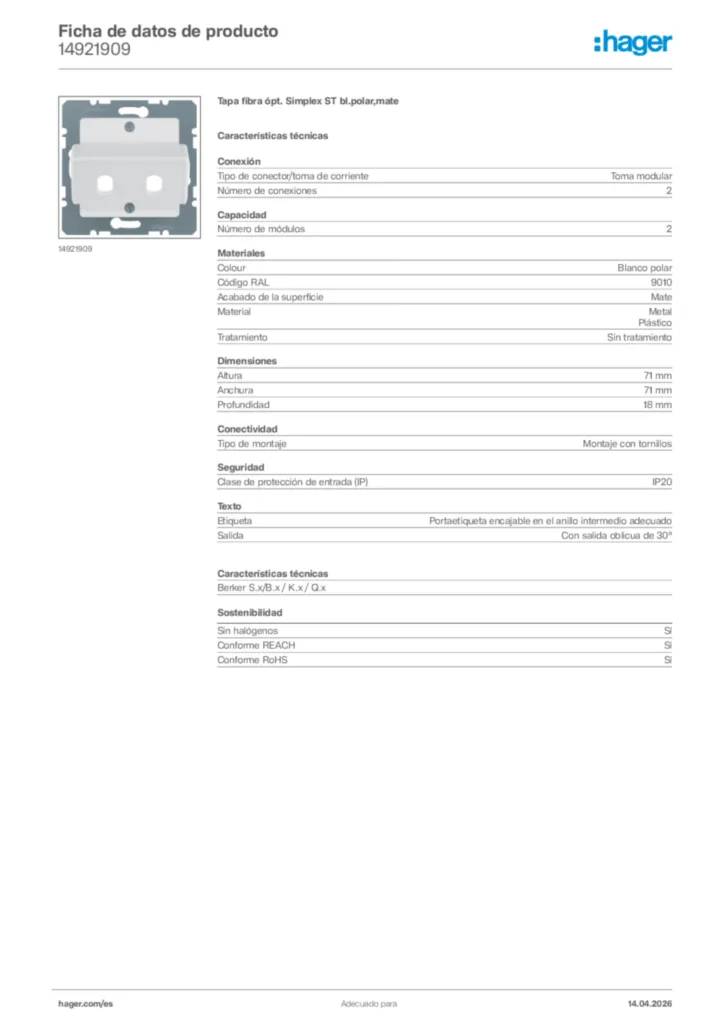 Imagen Hager Ficha de datos de producto 14921909 | Hager España