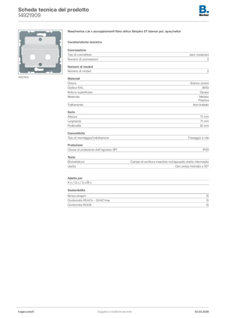 Immagine Berker Scheda tecnica del prodotto 14921909 | Hager Italia