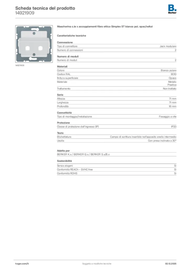 Immagine Berker Scheda tecnica del prodotto 14921909 | Hager Italia