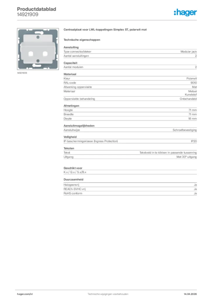 Afbeelding Hager Productdatablad 14921909 | Hager Nederland