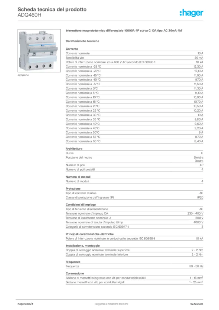 Immagine Hager Scheda tecnica del prodotto ADQ460H | Hager Italia
