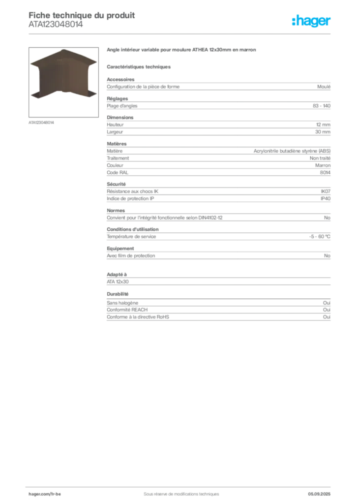 Image Hager Fiche technique du produit ATA123048014 | Hager Belgique