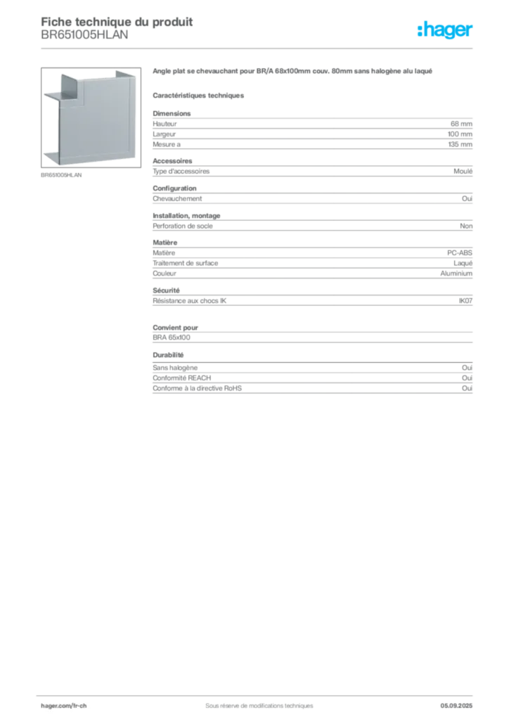 Image Hager Fiche technique du produit BR651005HLAN | Hager Suisse