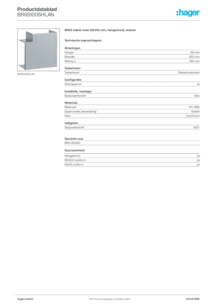 Afbeelding Hager Productdatablad BR651005HLAN | Hager Nederland