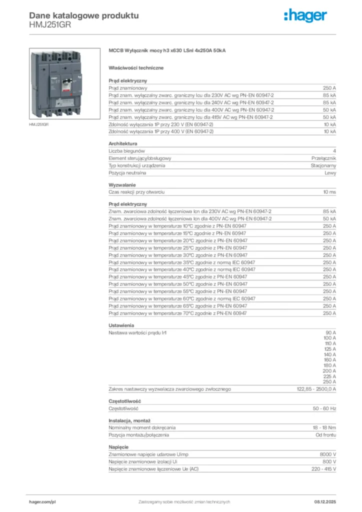 Zdjęcie Hager Karta katalogowa HMJ251GR | Hager Polska