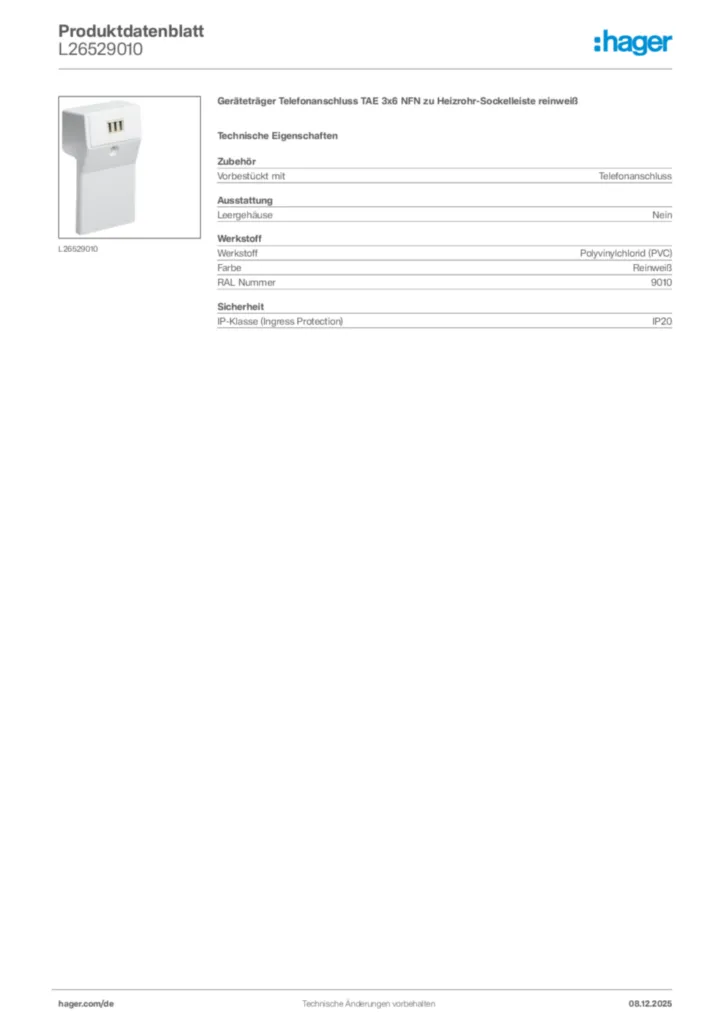 Bild Hager Produktdatenblatt L26529010 | Hager Deutschland