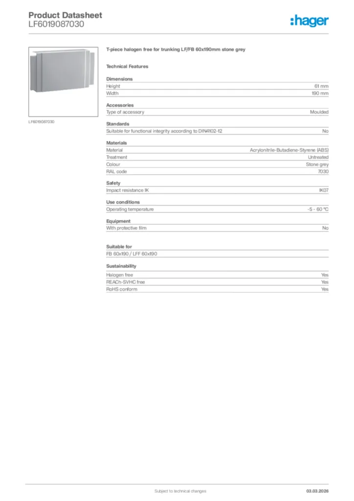 Image Hager Product data sheet LF6019087030  | Hager Africa