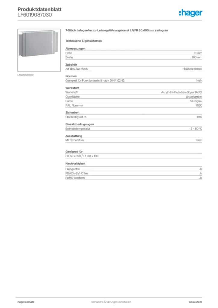 Bild Hager Produktdatenblatt LF6019087030 | Hager Deutschland