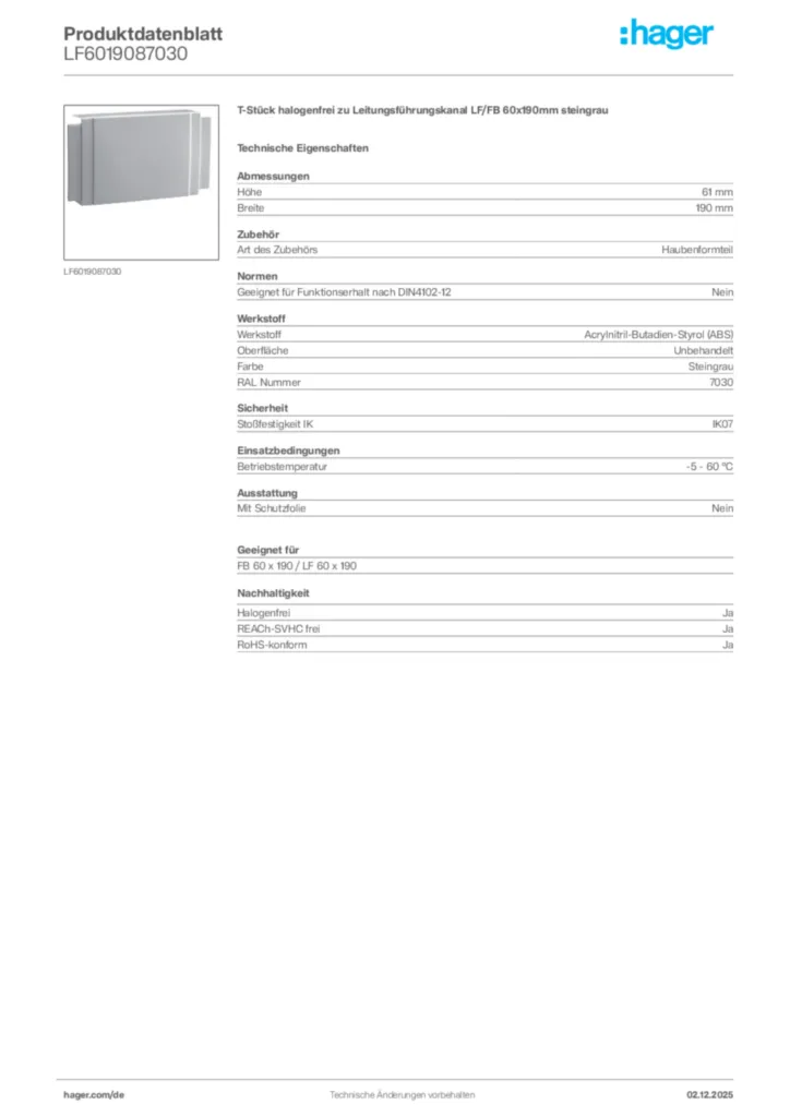 Bild Hager Produktdatenblatt LF6019087030 | Hager Deutschland