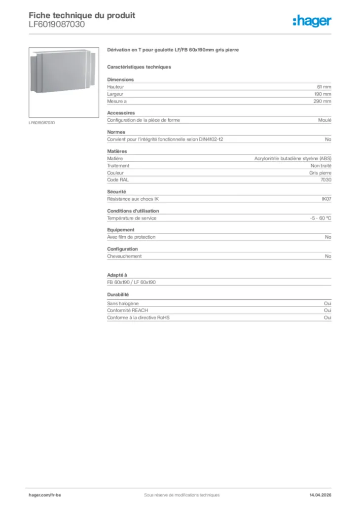 Image Hager Fiche technique du produit LF6019087030 | Hager Belgique