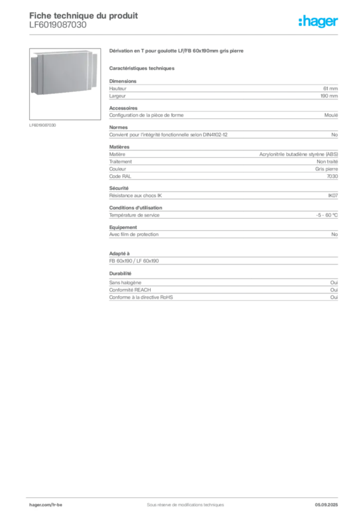 Image Hager Fiche technique du produit LF6019087030 | Hager Belgique