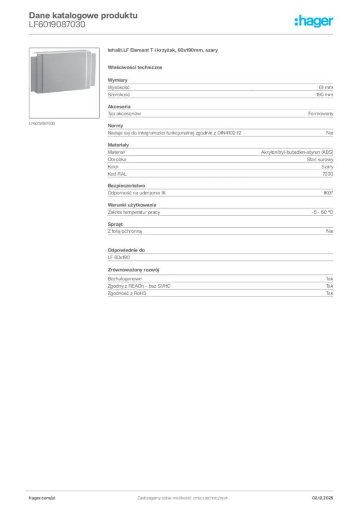 Zdjęcie Hager Dane katalogowe produktu LF6019087030 | Hager Polska