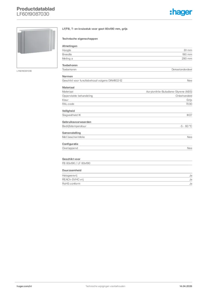 Afbeelding Hager Productdatablad LF6019087030 | Hager Nederland