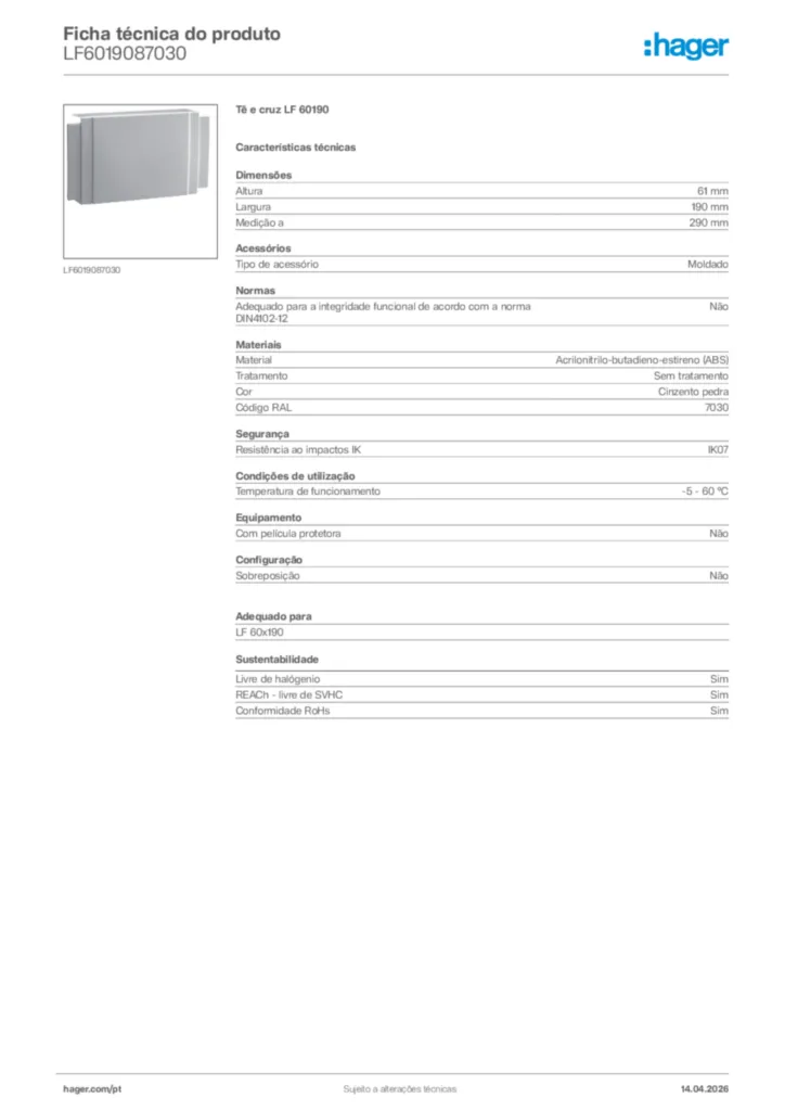 Imagem Hager Ficha técnica do produto LF6019087030 | Hager Portugal