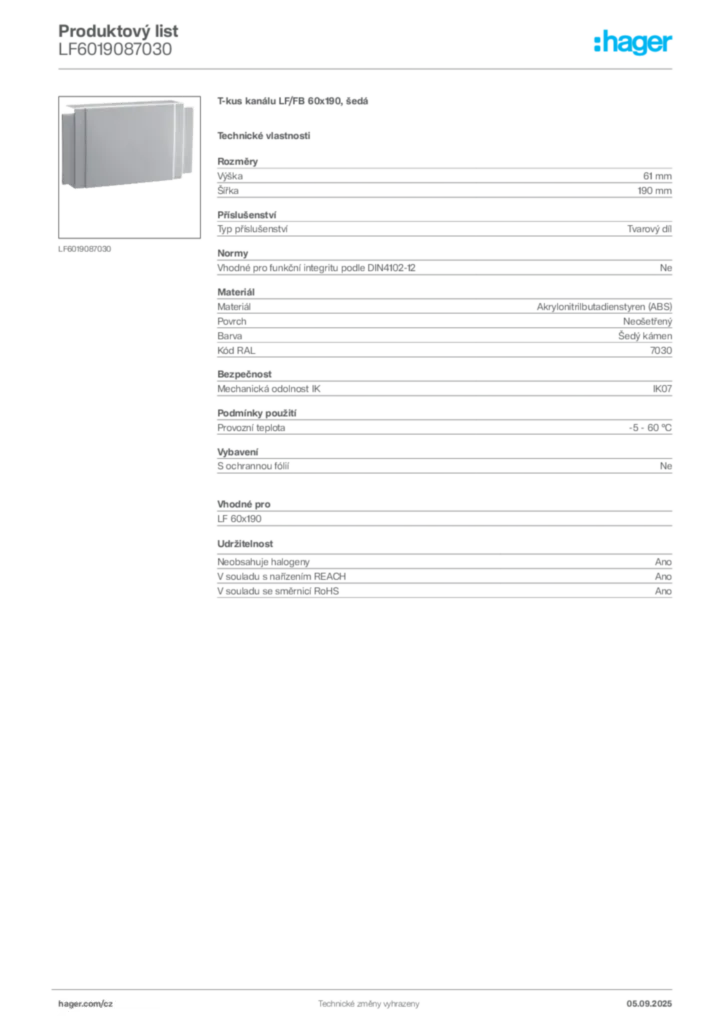 Obrázek Hager Produktový list LF6019087030 | Hager