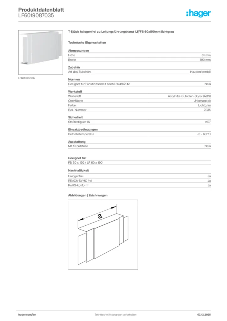 Bild Hager Produktdatenblatt LF6019087035 | Hager Deutschland