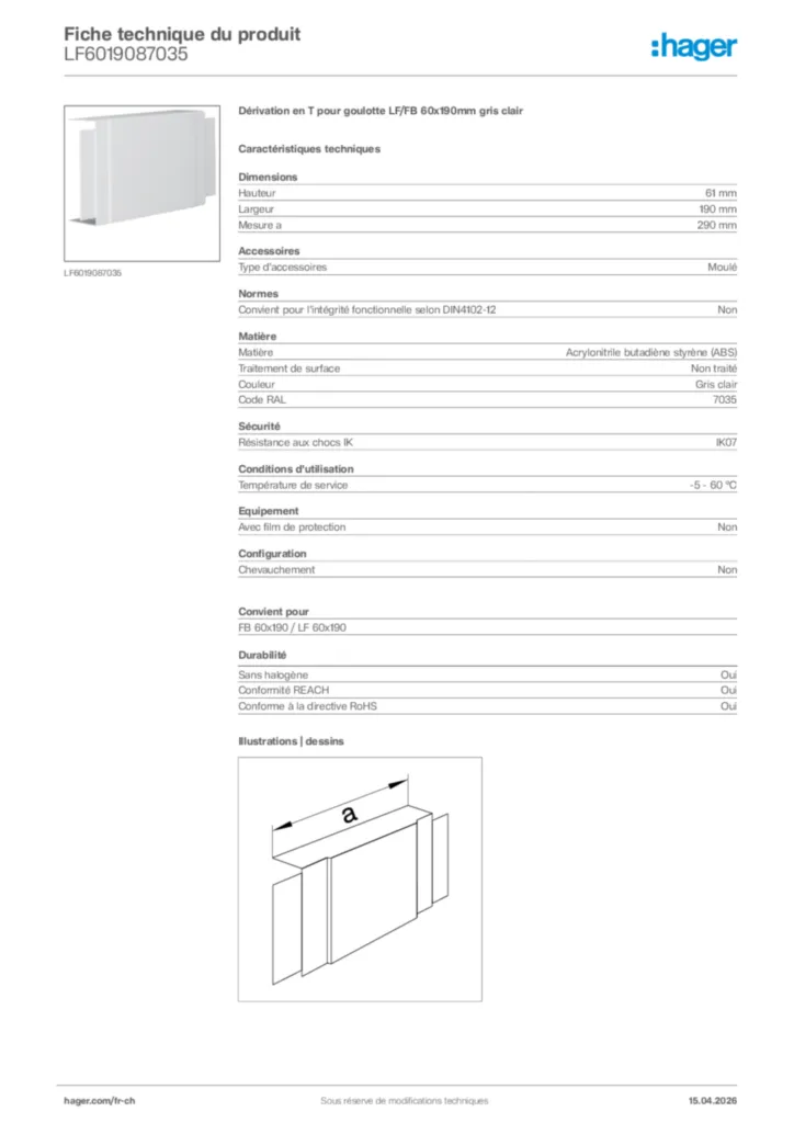 Image Hager Fiche technique du produit LF6019087035 | Hager Suisse