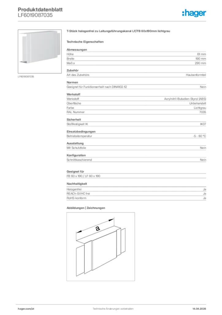 Bild Hager Produktdatenblatt LF6019087035 | Hager Deutschland
