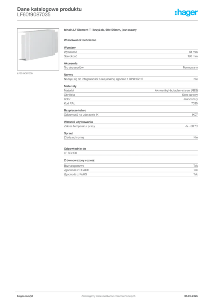 Zdjęcie Hager Dane katalogowe produktu LF6019087035 | Hager Polska