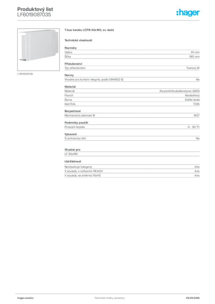 Obrázek Hager Produktový list LF6019087035 | Hager