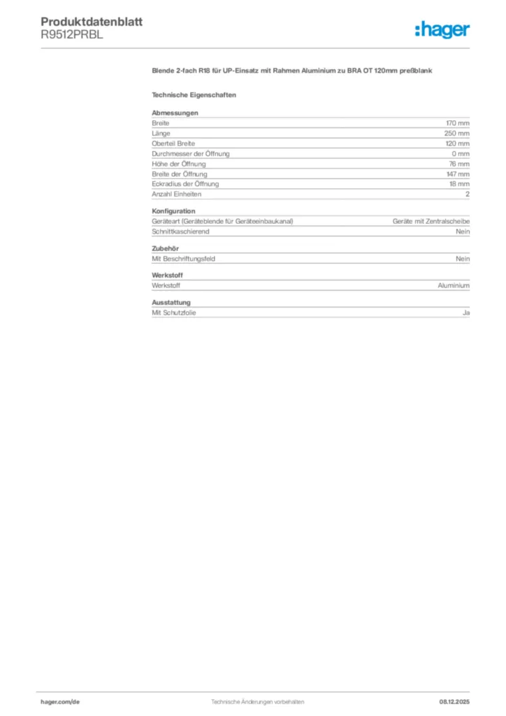 Bild Hager Produktdatenblatt R9512PRBL | Hager Deutschland
