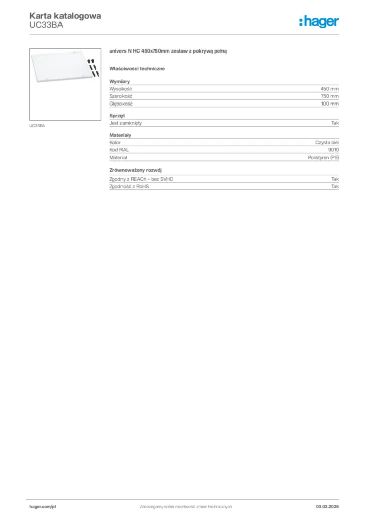 Zdjęcie Hager Karta katalogowa UC33BA | Hager Polska