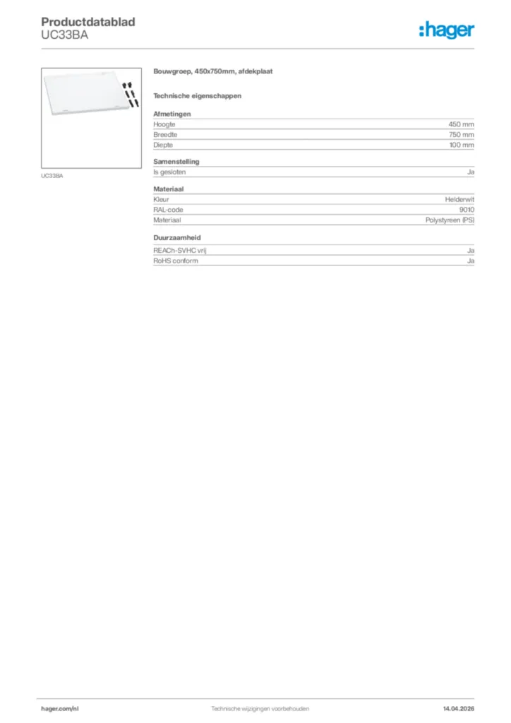 Afbeelding Hager Productdatablad UC33BA | Hager Nederland