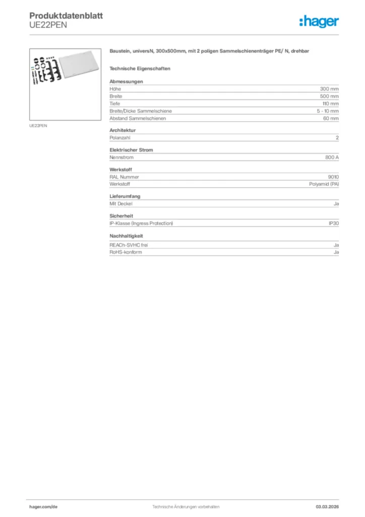 Bild Hager Produktdatenblatt UE22PEN | Hager Deutschland