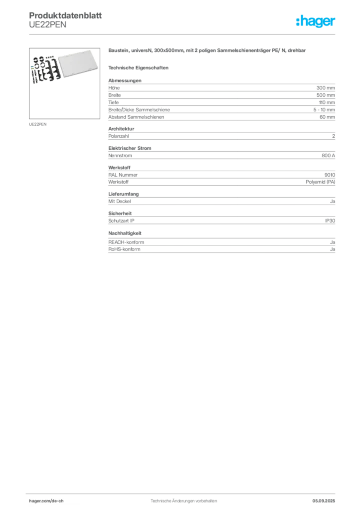 Bild Hager Produktdatenblatt UE22PEN | Hager Schweiz