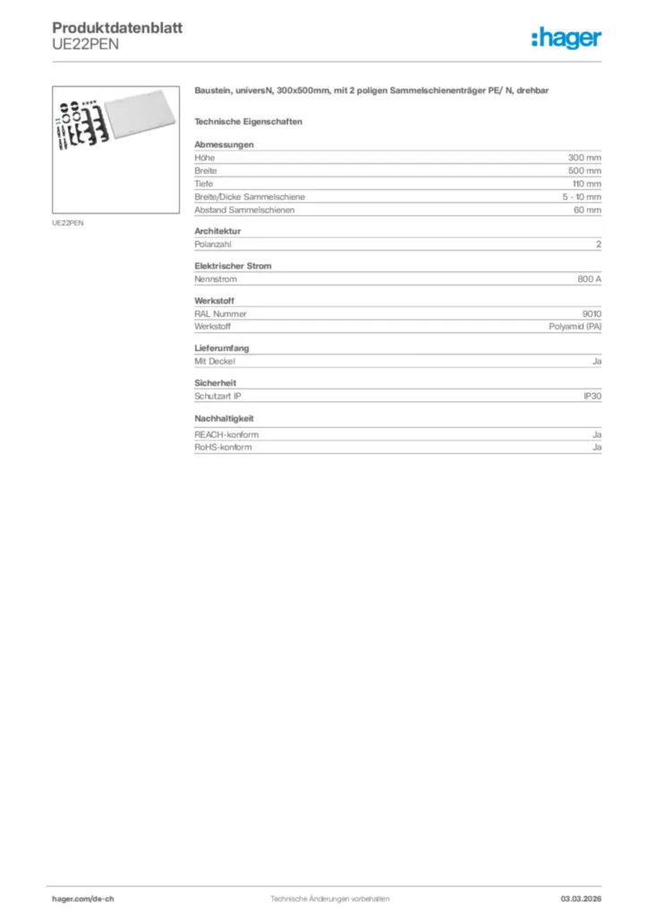 Bild Hager Produktdatenblatt UE22PEN | Hager Schweiz