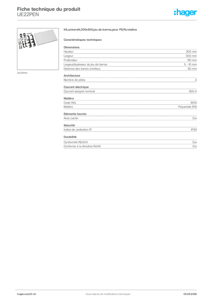 Image Hager Fiche technique du produit UE22PEN | Hager Suisse