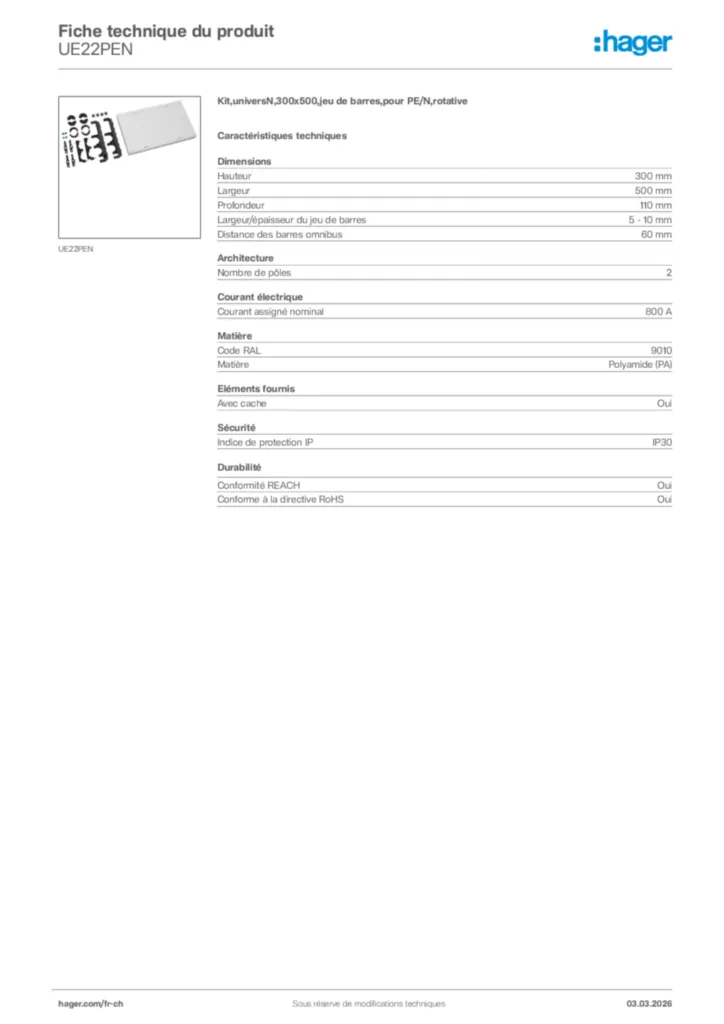 Image Hager Fiche technique du produit UE22PEN | Hager Suisse